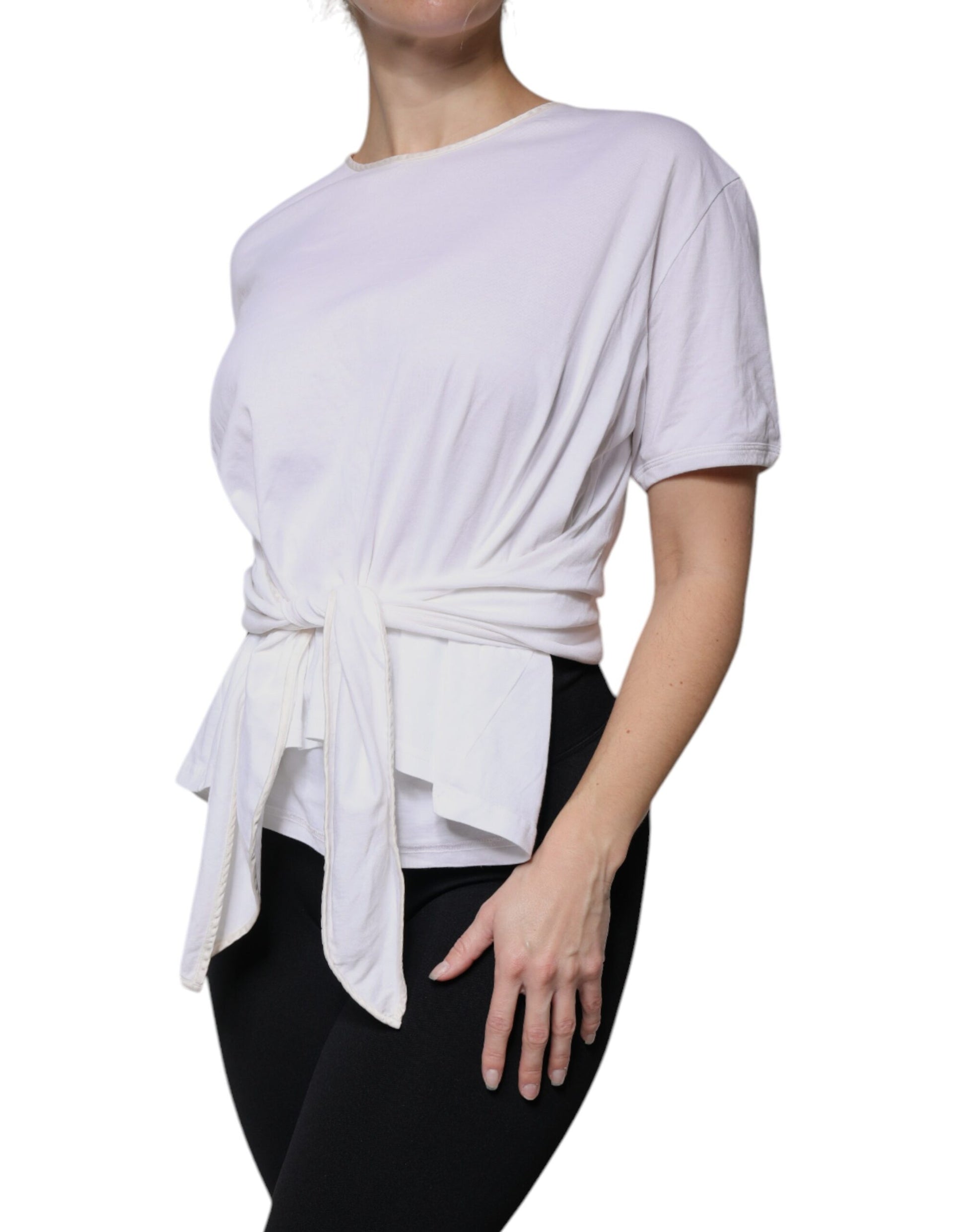 Dolce & Gabbana White Cotton Silk Round Neck Wrap Blouse Top Dolce & Gabbana