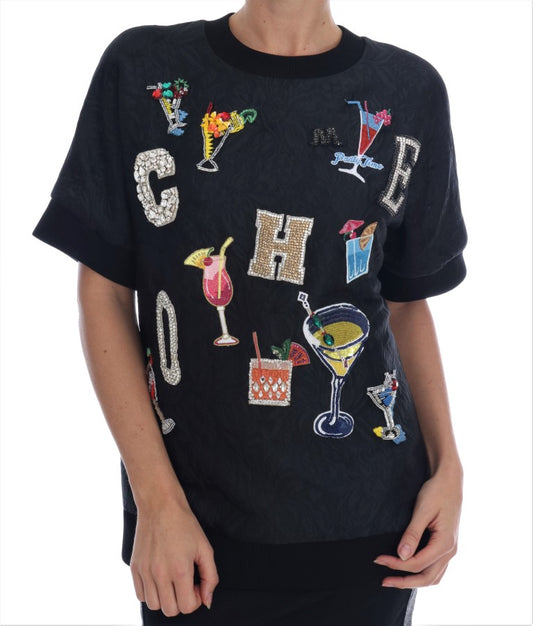 Dolce & Gabbana Black Brocade Cocktail Crystal Sweater Dolce & Gabbana
