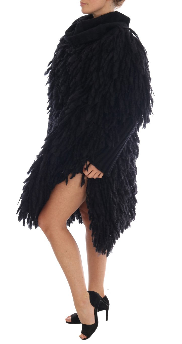 Dolce & Gabbana black wool pullover sweater with fringe detailing, long sleeves, and a relaxed fit.