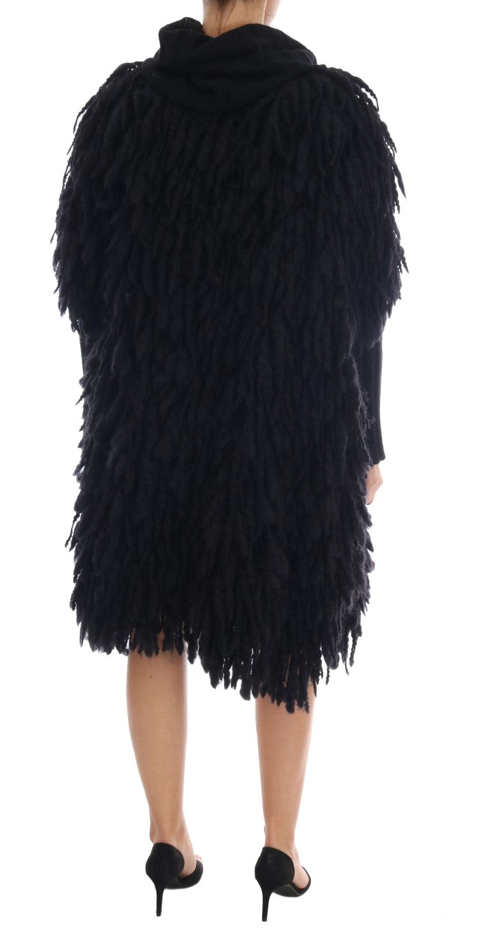 Black Dolce & Gabbana wool pullover sweater with stylish fringes, featuring a cozy fit and intricate knit detailing.