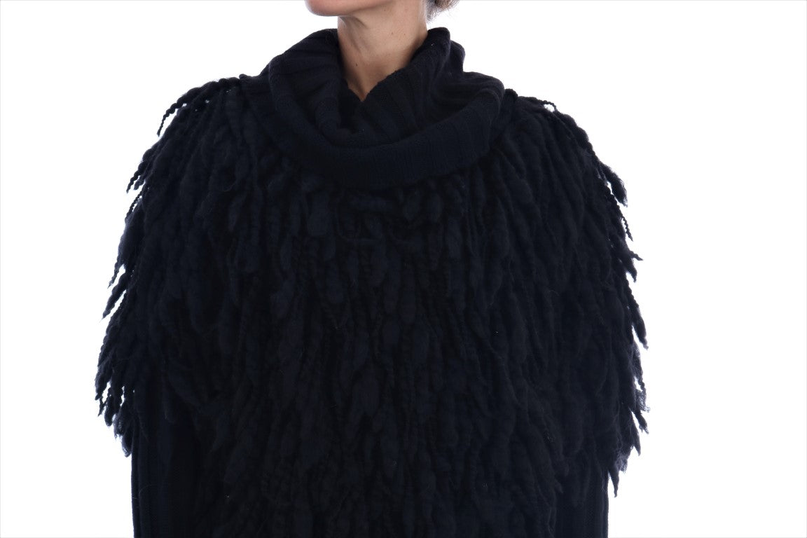 Dolce & Gabbana black wool pullover sweater with fringes, featuring a cozy knit design and stylish detailing.