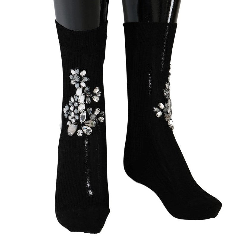 Dolce & Gabbana Black Knitted Floral Clear Crystal Socks