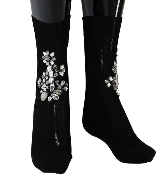 Dolce & Gabbana Black Knitted Floral Clear Crystal Socks Dolce & Gabbana