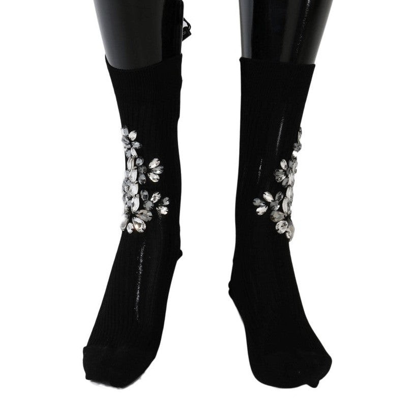 Dolce & Gabbana Black Knitted Floral Clear Crystal Socks