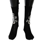 Dolce & Gabbana Black Knitted Floral Clear Crystal Socks