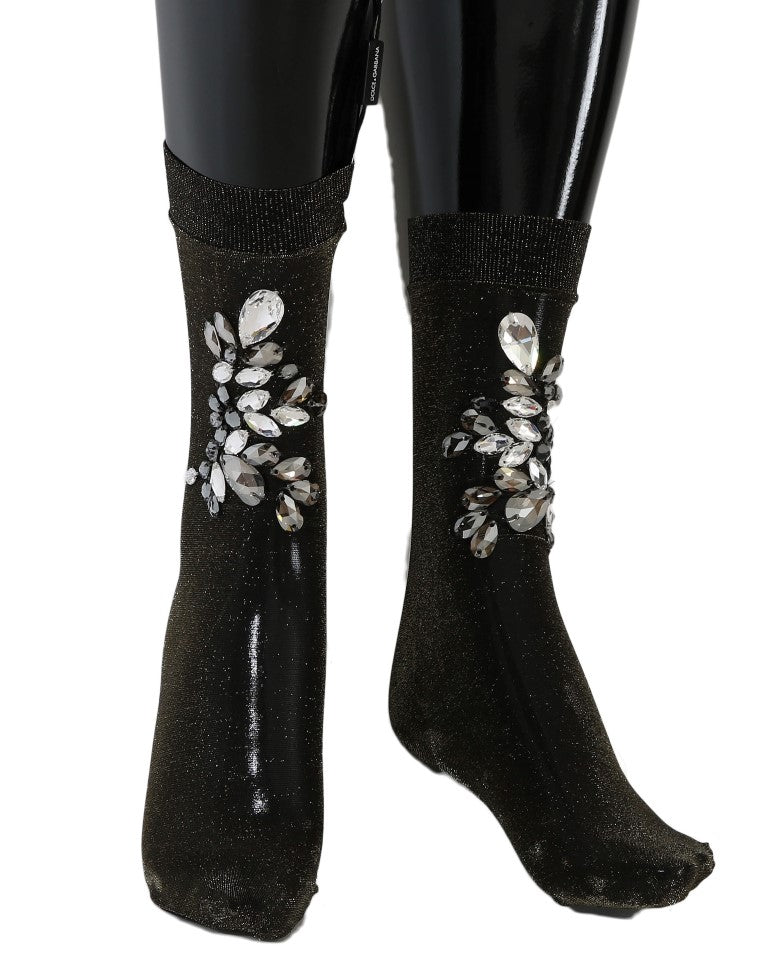 Dolce & Gabbana Black Stretch Floral Clear Crystal Socks Dolce & Gabbana
