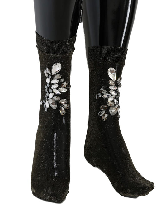 Dolce & Gabbana Black Stretch Floral Clear Crystal Socks Dolce & Gabbana