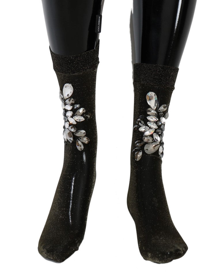 Dolce & Gabbana Black Stretch Floral Clear Crystal Socks Dolce & Gabbana