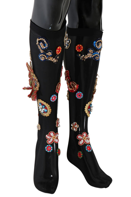 Dolce & Gabbana Black Stretch Carretto Crystal Socks Dolce & Gabbana
