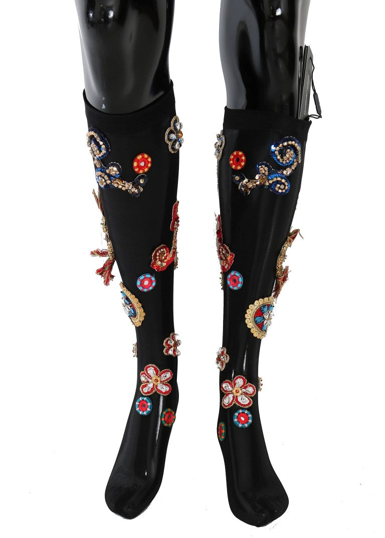 Dolce & Gabbana Black Stretch Carretto Crystal Socks Dolce & Gabbana