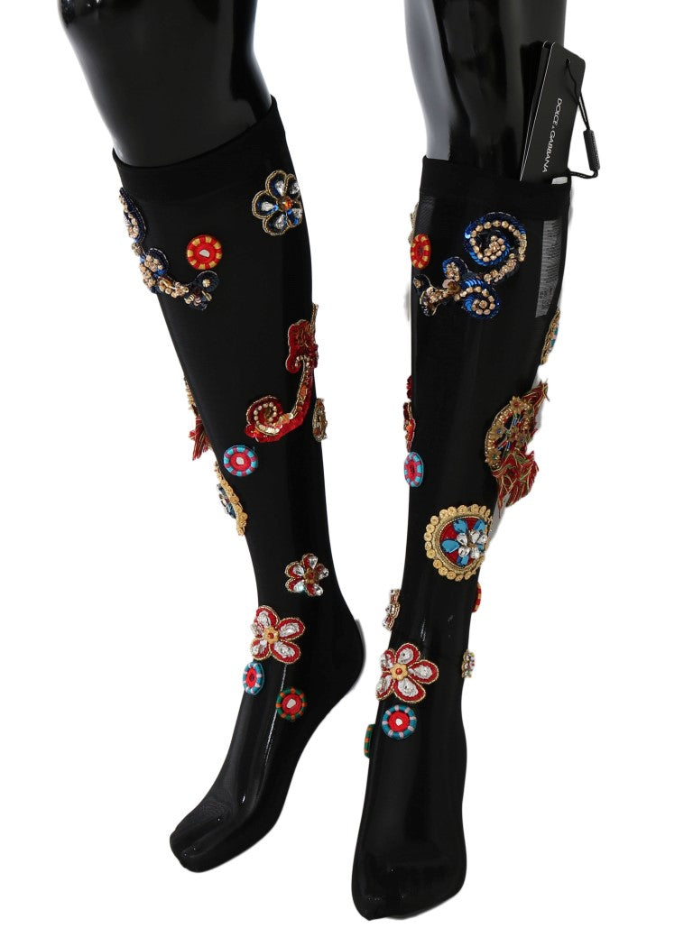 Dolce & Gabbana Black Stretch Carretto Crystal Socks Dolce & Gabbana