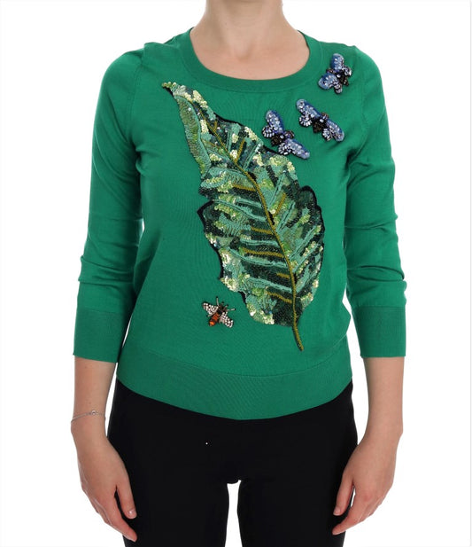 Dolce & Gabbana Green Silk Crystal Banana Sweater Dolce & Gabbana
