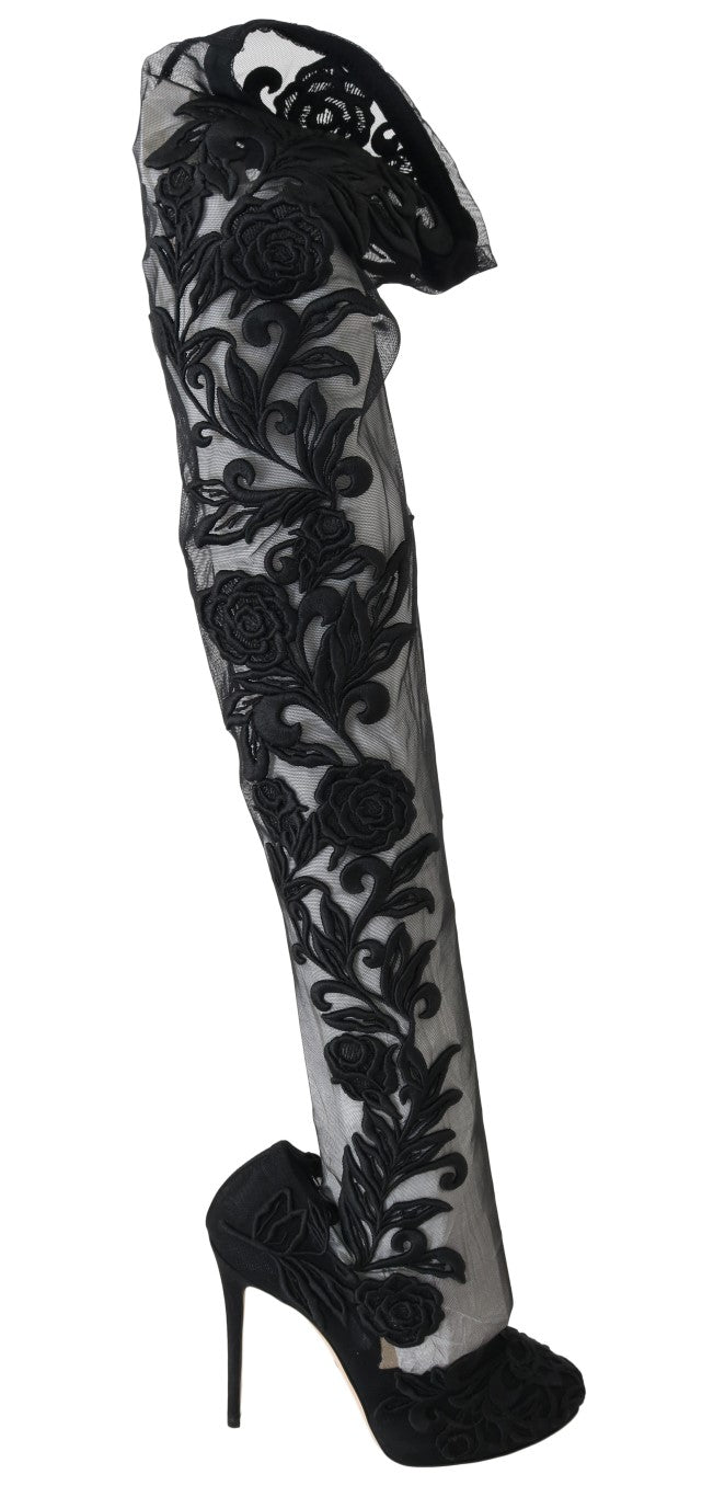 Dolce & Gabbana Black Floral Embroidered Socks Boots Dolce & Gabbana