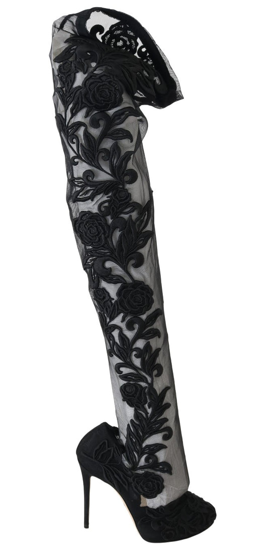 Dolce & Gabbana Black Floral Embroidered Socks Boots Dolce & Gabbana