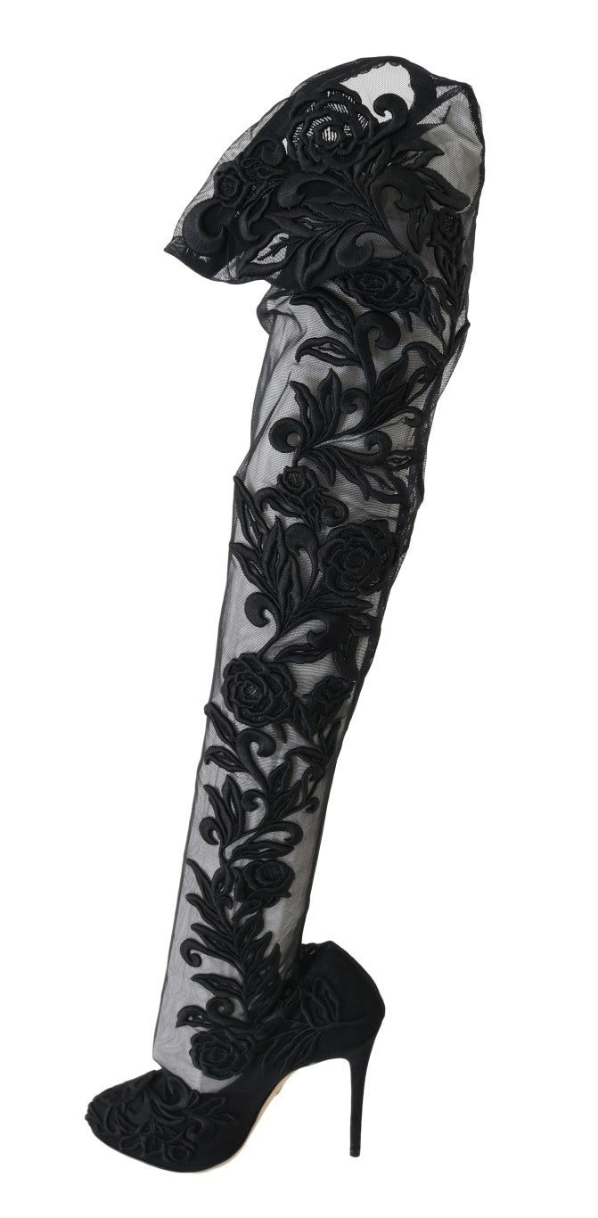 Dolce & Gabbana Black Floral Embroidered Socks Boots Dolce & Gabbana