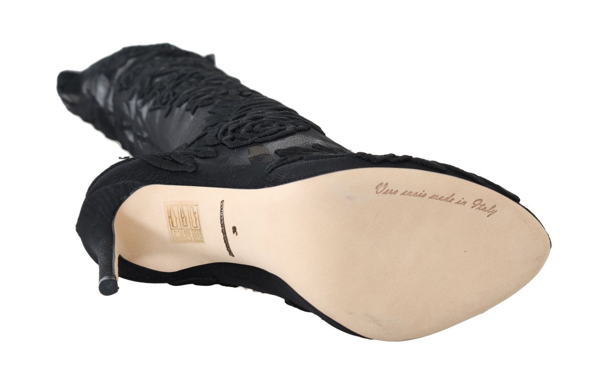 Dolce & Gabbana Black Floral Embroidered Socks Boots Dolce & Gabbana