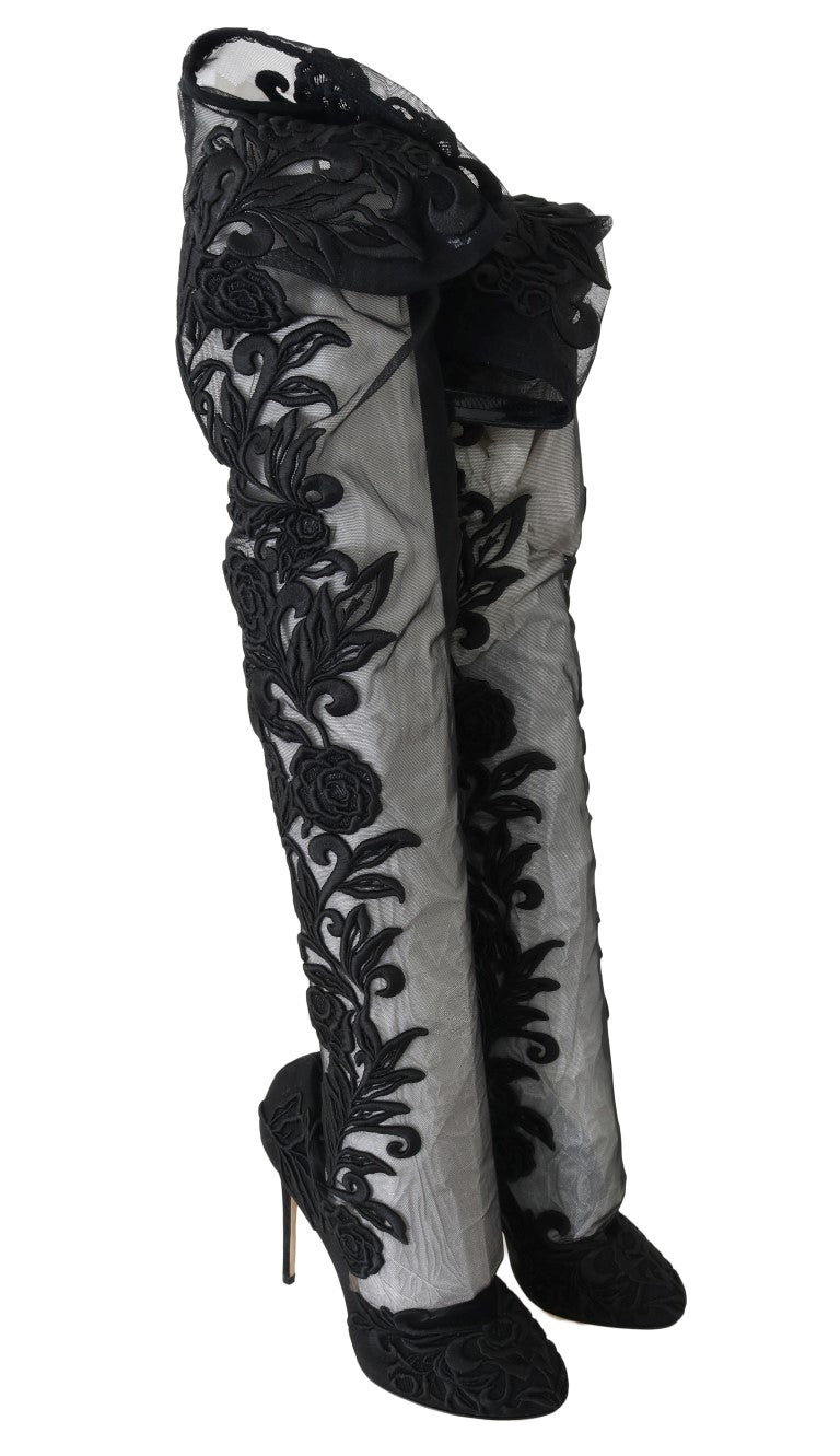 Dolce & Gabbana Black Floral Embroidered Socks Boots Dolce & Gabbana