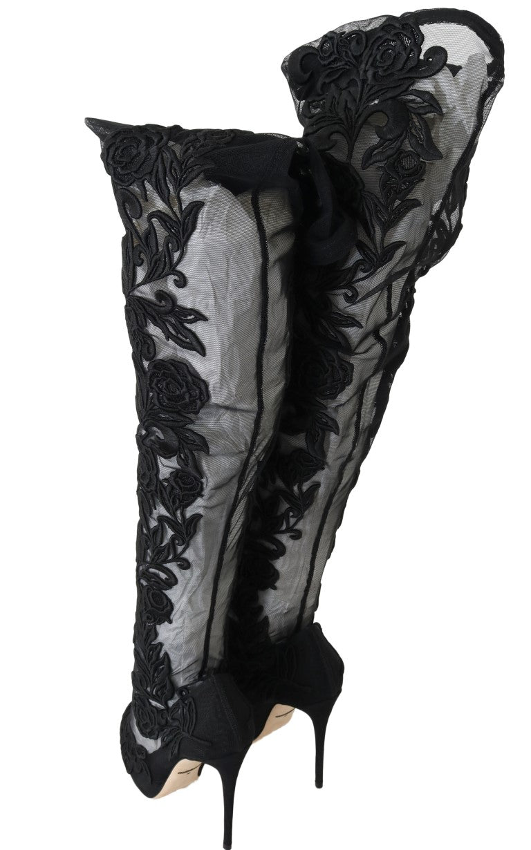 Dolce & Gabbana Black Floral Embroidered Socks Boots Dolce & Gabbana