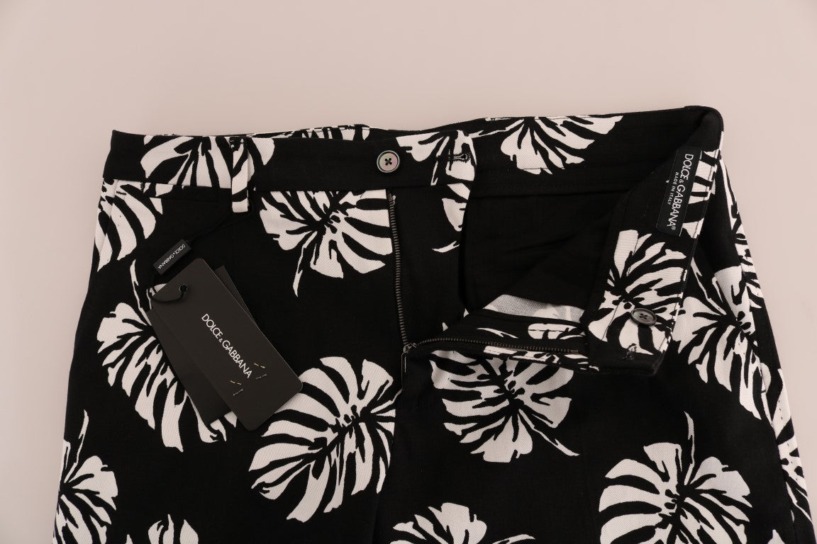 Dolce & Gabbana White Black Leaf Cotton Stretch Slim Pants Dolce & Gabbana