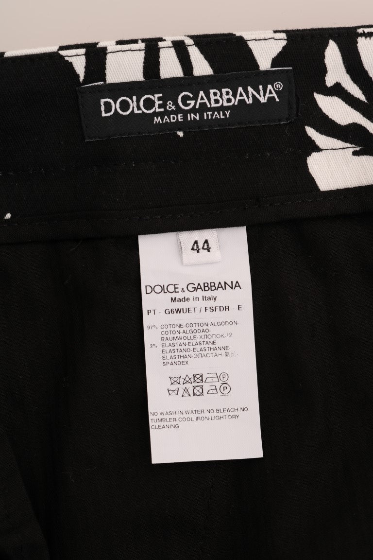 Dolce & Gabbana White Black Leaf Cotton Stretch Slim Pants Dolce & Gabbana