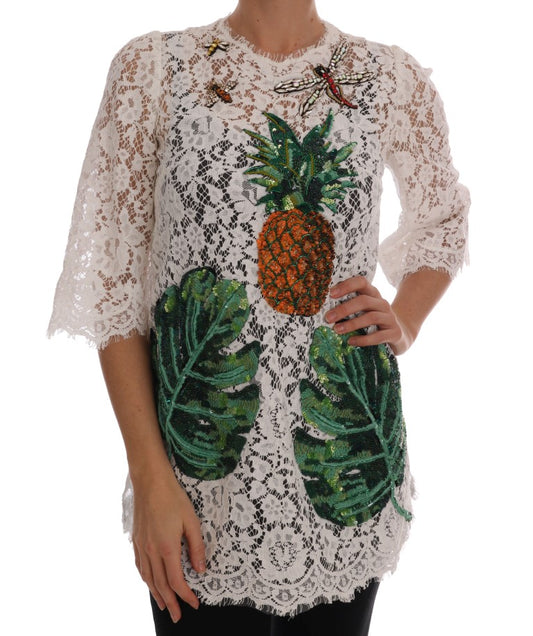 Dolce & Gabbana White Crystal Embellished Lace Blouse Dolce & Gabbana