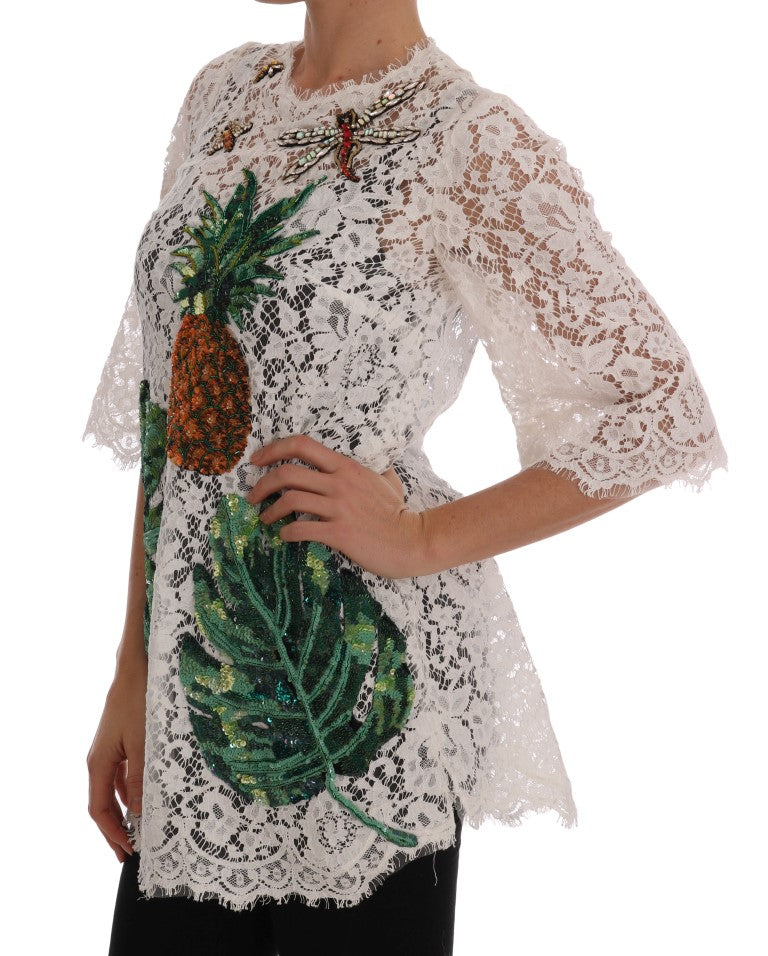 Dolce & Gabbana White Crystal Embellished Lace Blouse Dolce & Gabbana