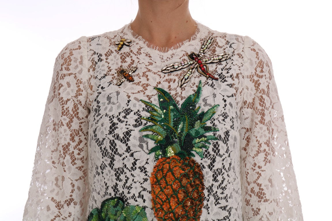 Dolce & Gabbana White Crystal Embellished Lace Blouse Dolce & Gabbana