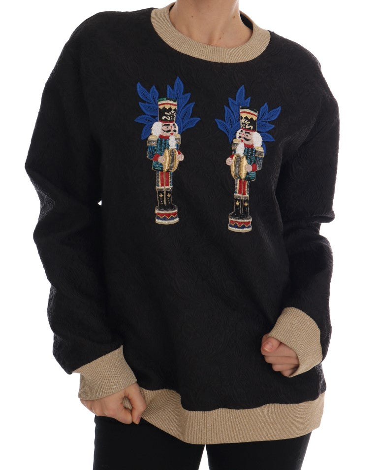 Dolce & Gabbana black fairy tale brocade zipper sweater with intricate floral pattern and front zipper closure.