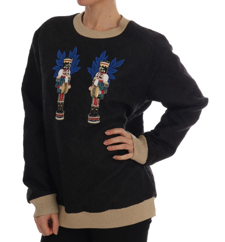Dolce & Gabbana black fairy tale brocade zipper sweater with intricate floral pattern and front zipper detail.