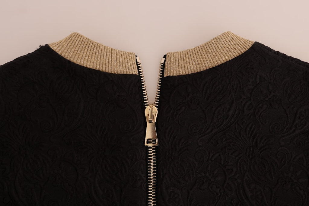 Dolce & Gabbana Black Fairy Tale Brocade Zipper Sweater with intricate floral pattern and front zipper detail.