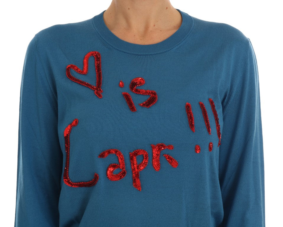 Dolce & Gabbana Blue Silk Love is Pullover Sweater Dolce & Gabbana
