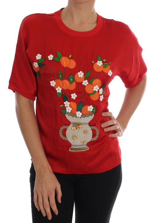 Dolce & Gabbana Red Silk Orange Vase Crystal Top Dolce & Gabbana