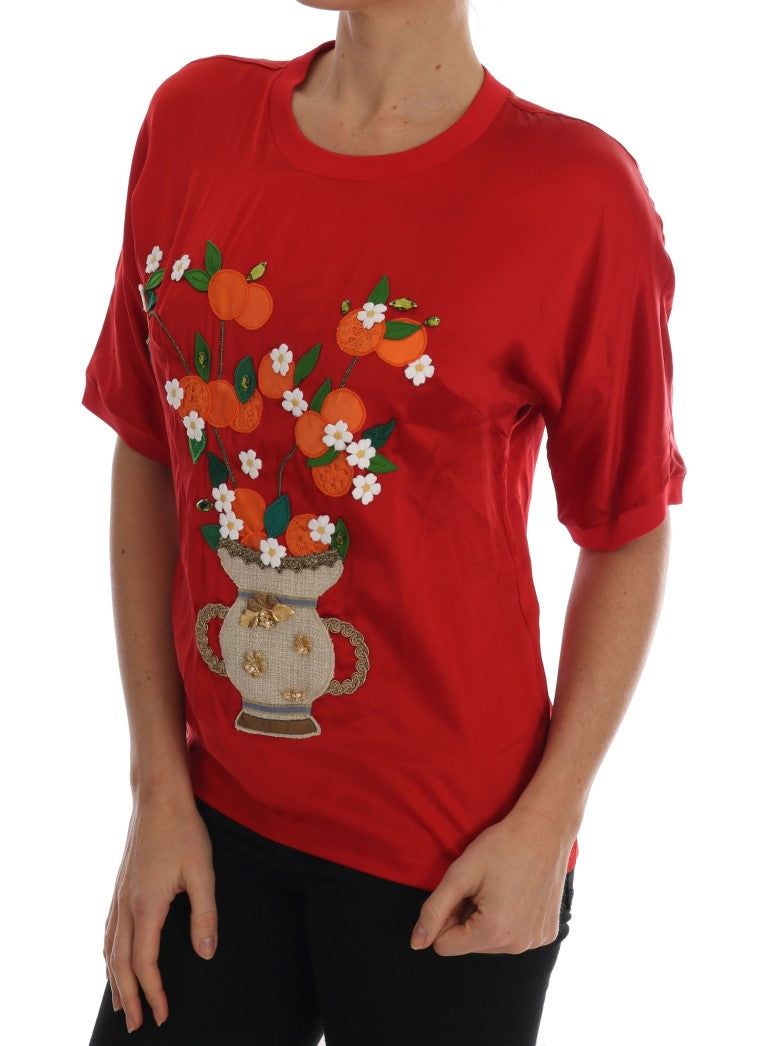 Dolce & Gabbana Red Silk Orange Vase Crystal Top Dolce & Gabbana
