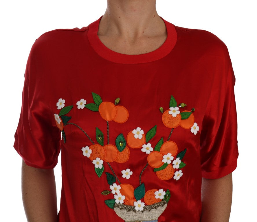 Dolce & Gabbana Red Silk Orange Vase Crystal Top Dolce & Gabbana