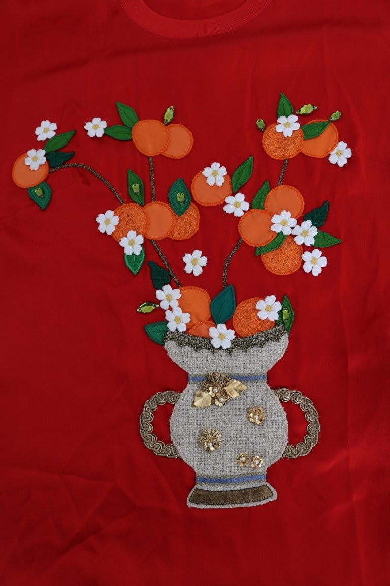 Dolce & Gabbana Red Silk Orange Vase Crystal Top Dolce & Gabbana