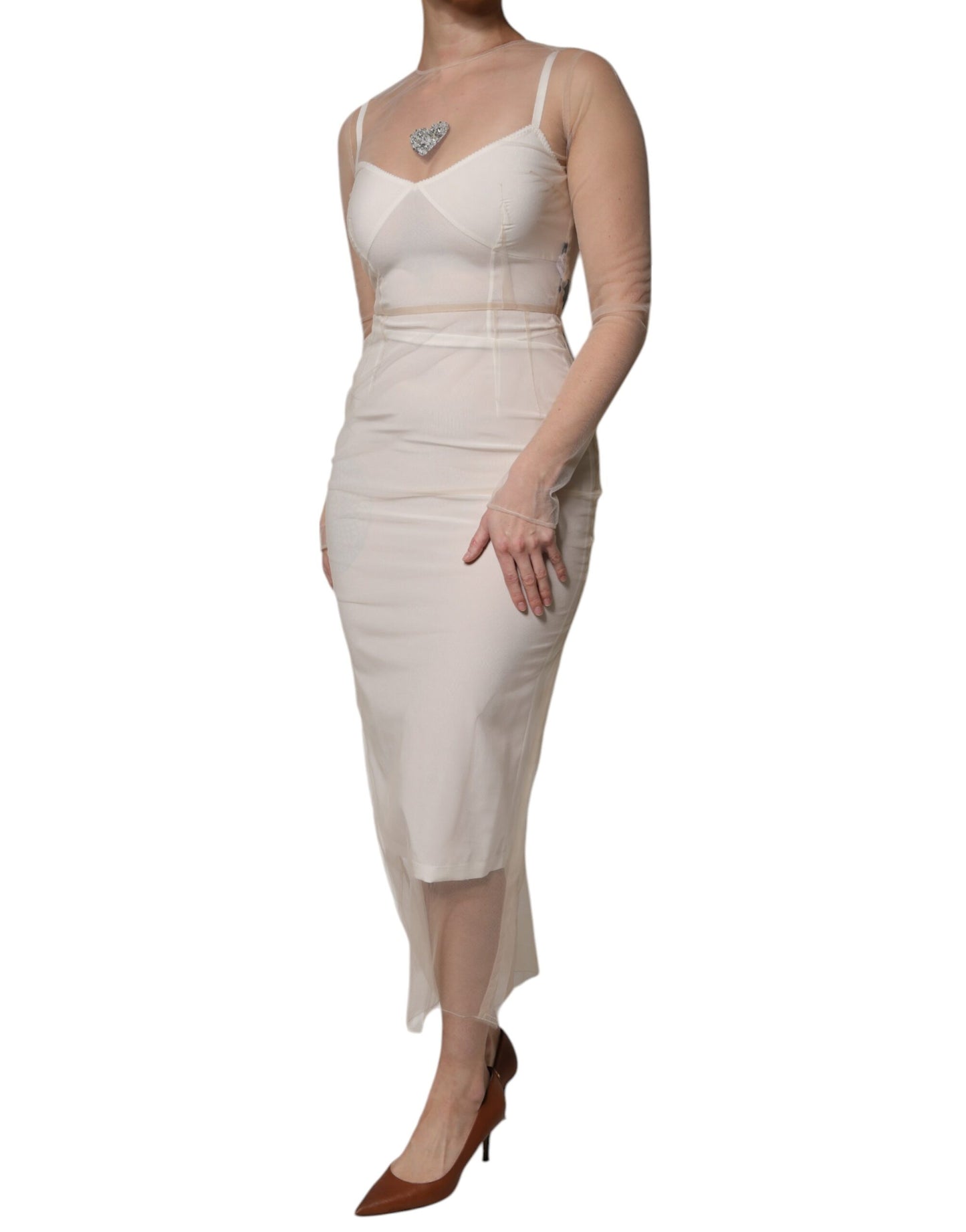 Dolce & Gabbana White Sheer Tulle Bustier Bodycon Midi Dress Dolce & Gabbana