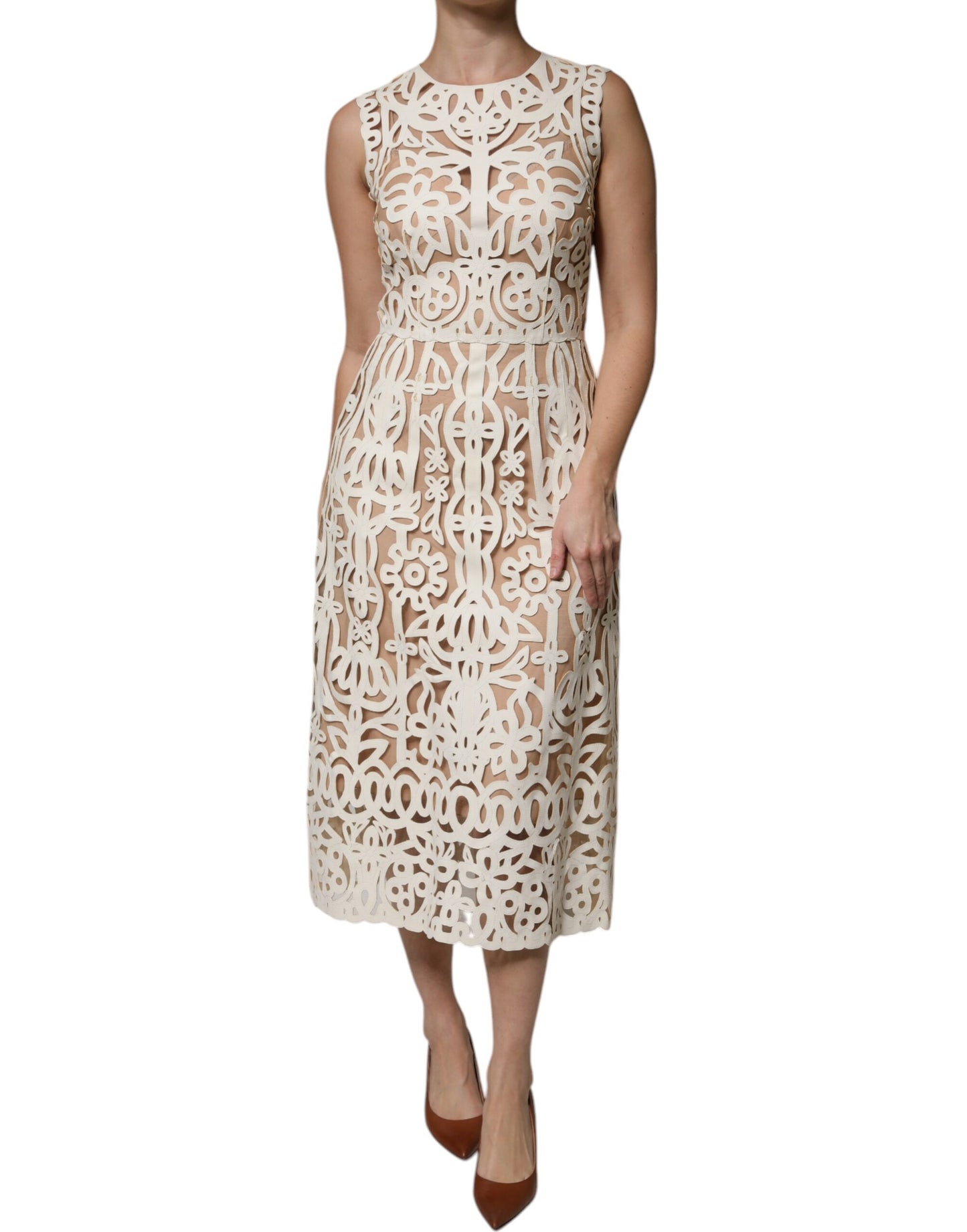 Dolce & Gabbana White Cut Out Leather Sleeveless Midi Dress Dolce & Gabbana