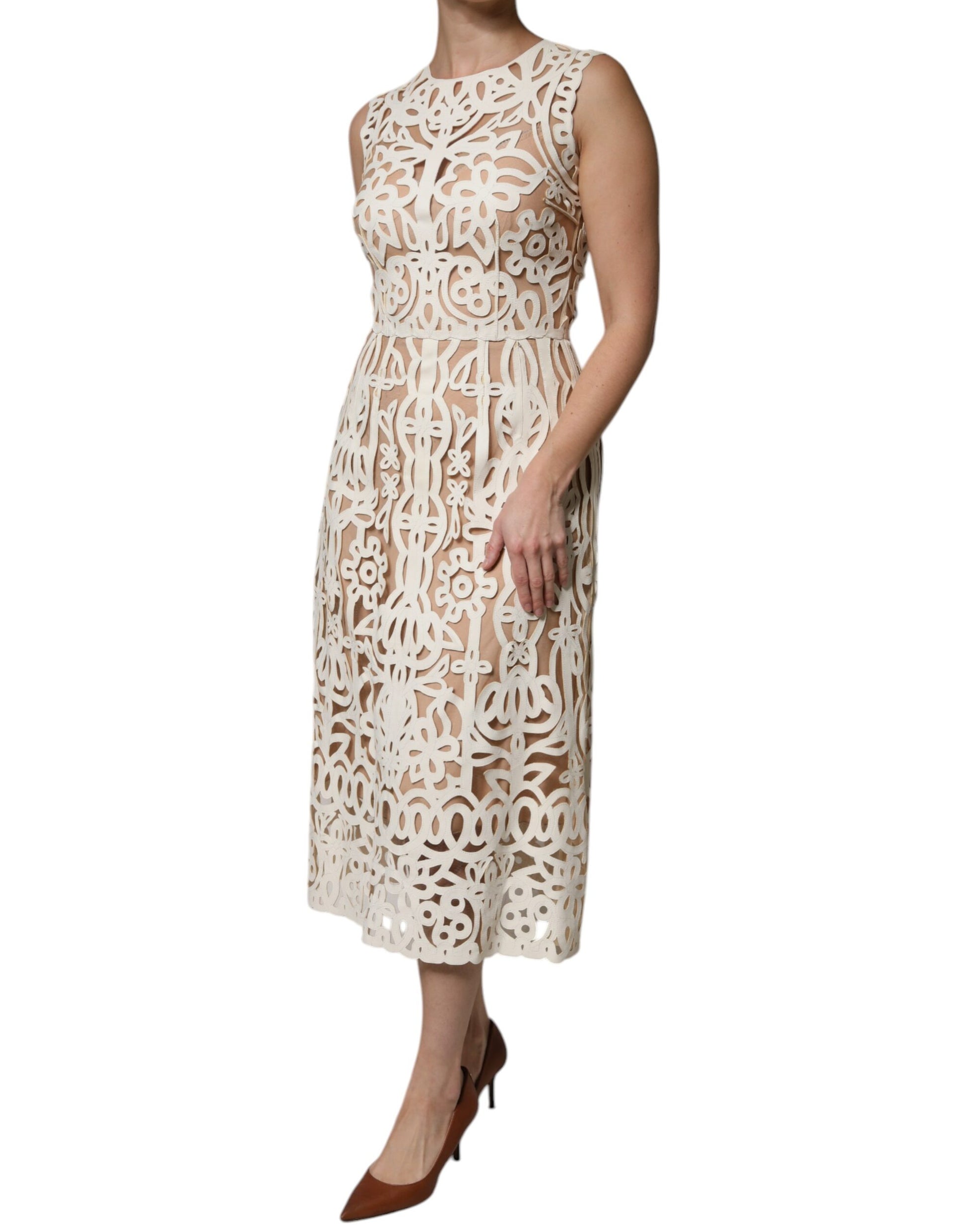 Dolce & Gabbana White Cut Out Leather Sleeveless Midi Dress Dolce & Gabbana