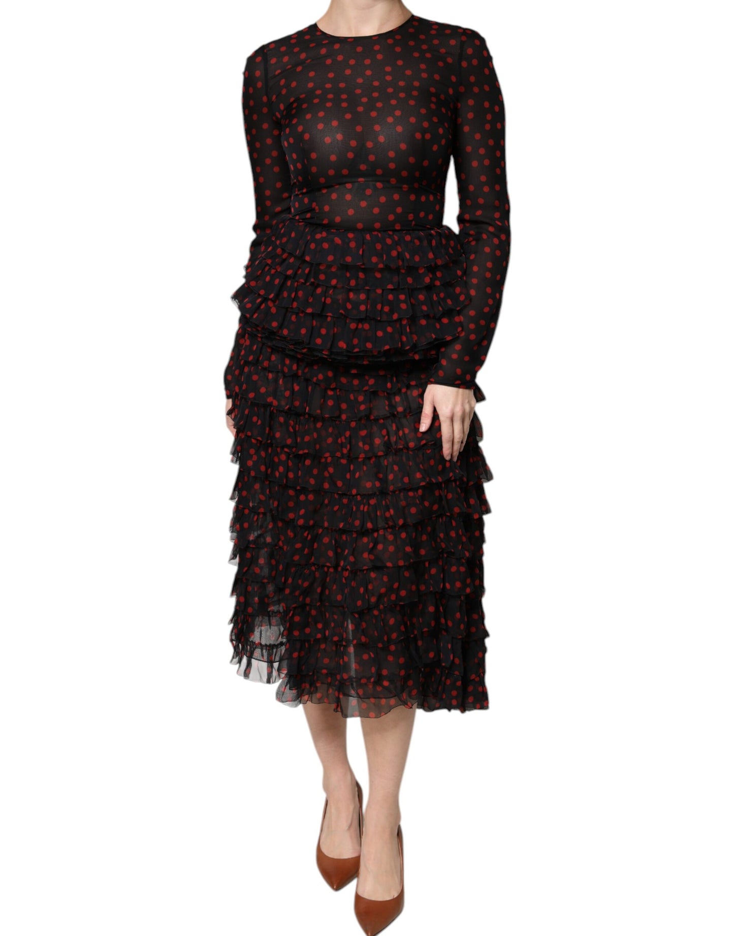 Dolce & Gabbana Black Red Polka Dot Silk Layered Midi Dress Dolce & Gabbana