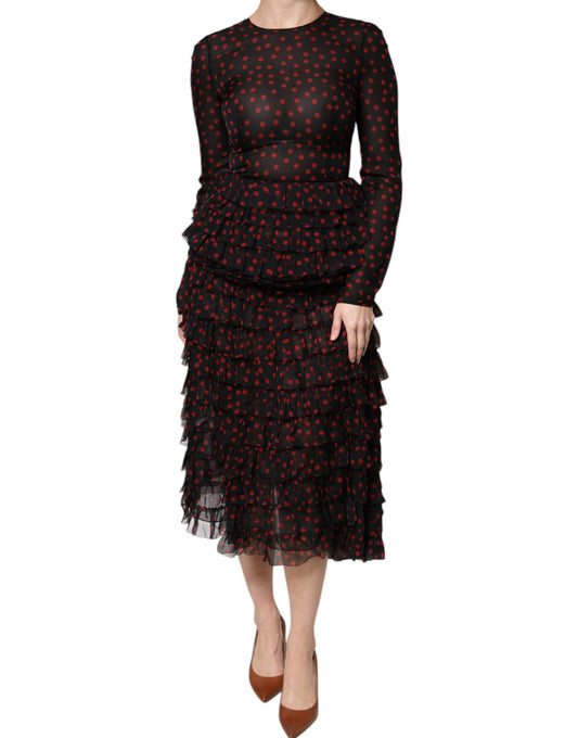 Dolce & Gabbana Black Red Polka Dot Silk Layered Midi Dress Dolce & Gabbana