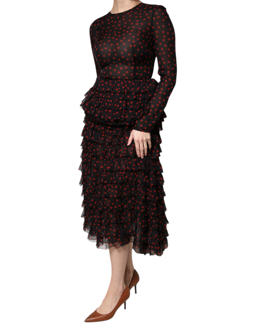 Dolce & Gabbana Black Red Polka Dot Silk Layered Midi Dress - Eljoys Fashion 