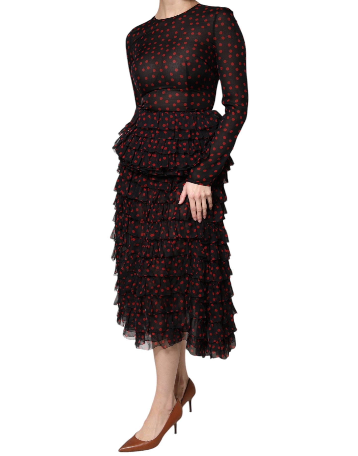 Dolce & Gabbana Black Red Polka Dot Silk Layered Midi Dress Dolce & Gabbana