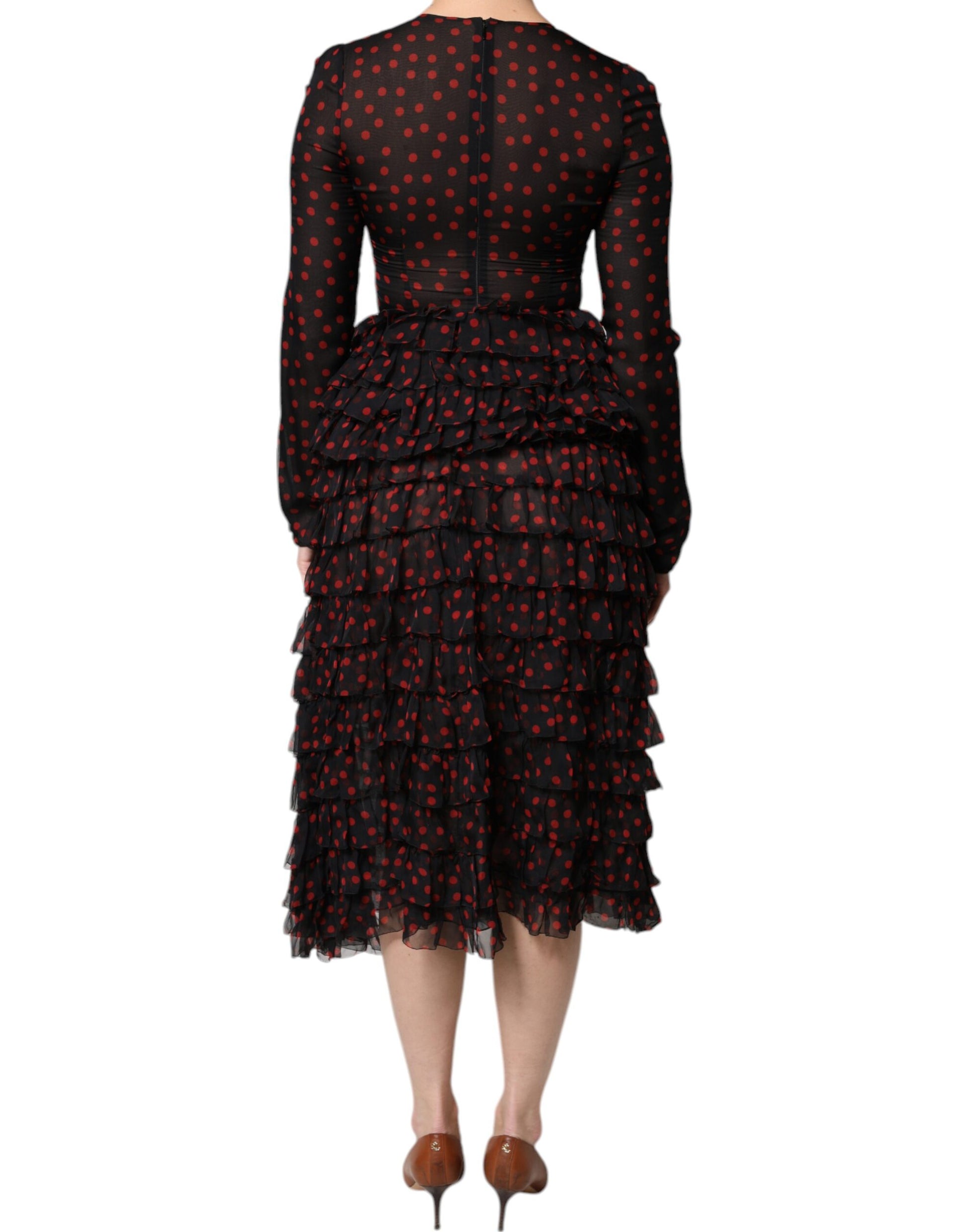 Dolce & Gabbana Black Red Polka Dot Silk Layered Midi Dress Dolce & Gabbana