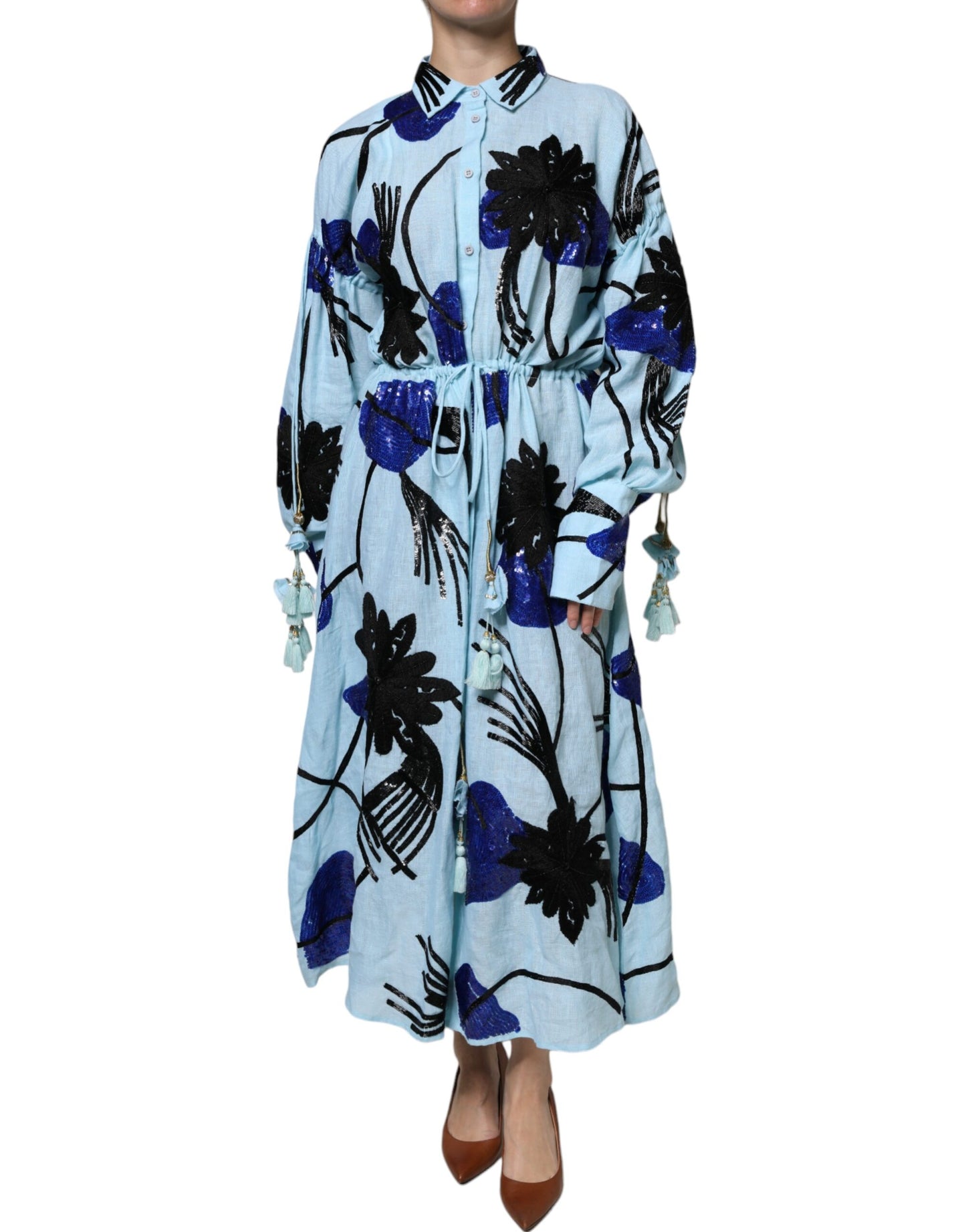 Christian Pellizzari Light Blue Floral Embellished Shirt Maxi Dress Christian Pellizzari