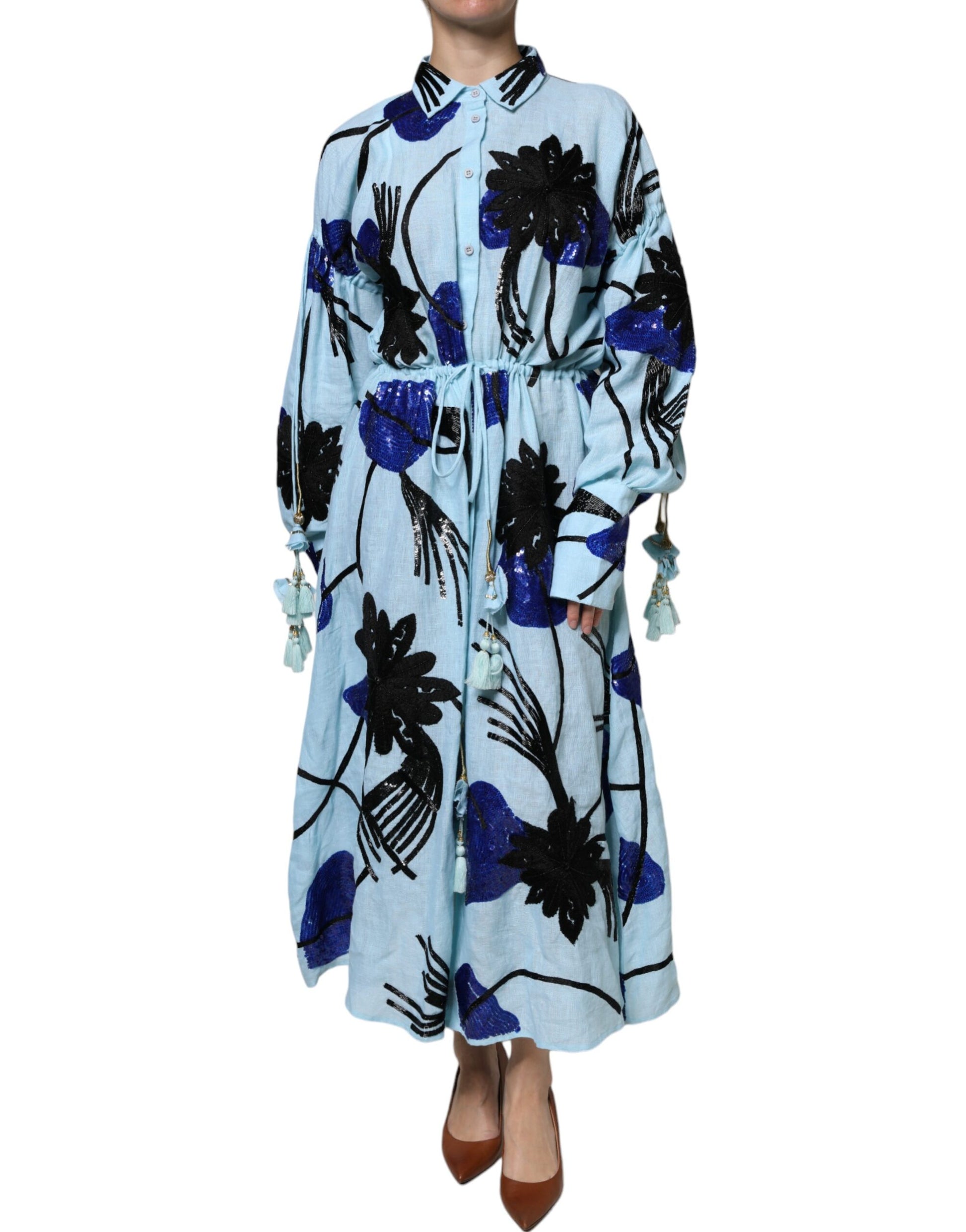 Christian Pellizzari Light Blue Floral Embellished Shirt Maxi Dress Christian Pellizzari
