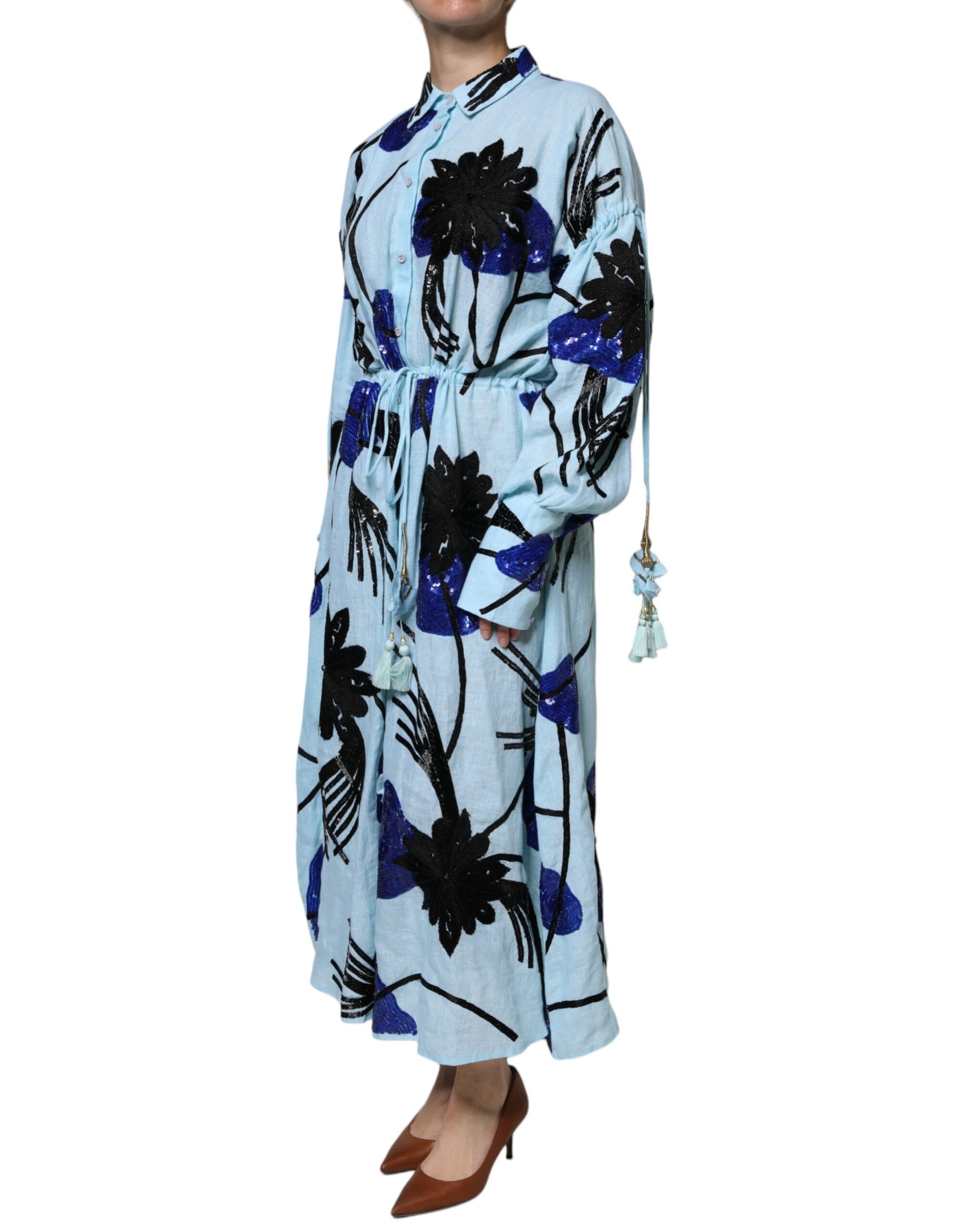 Christian Pellizzari Light Blue Floral Embellished Shirt Maxi Dress Christian Pellizzari