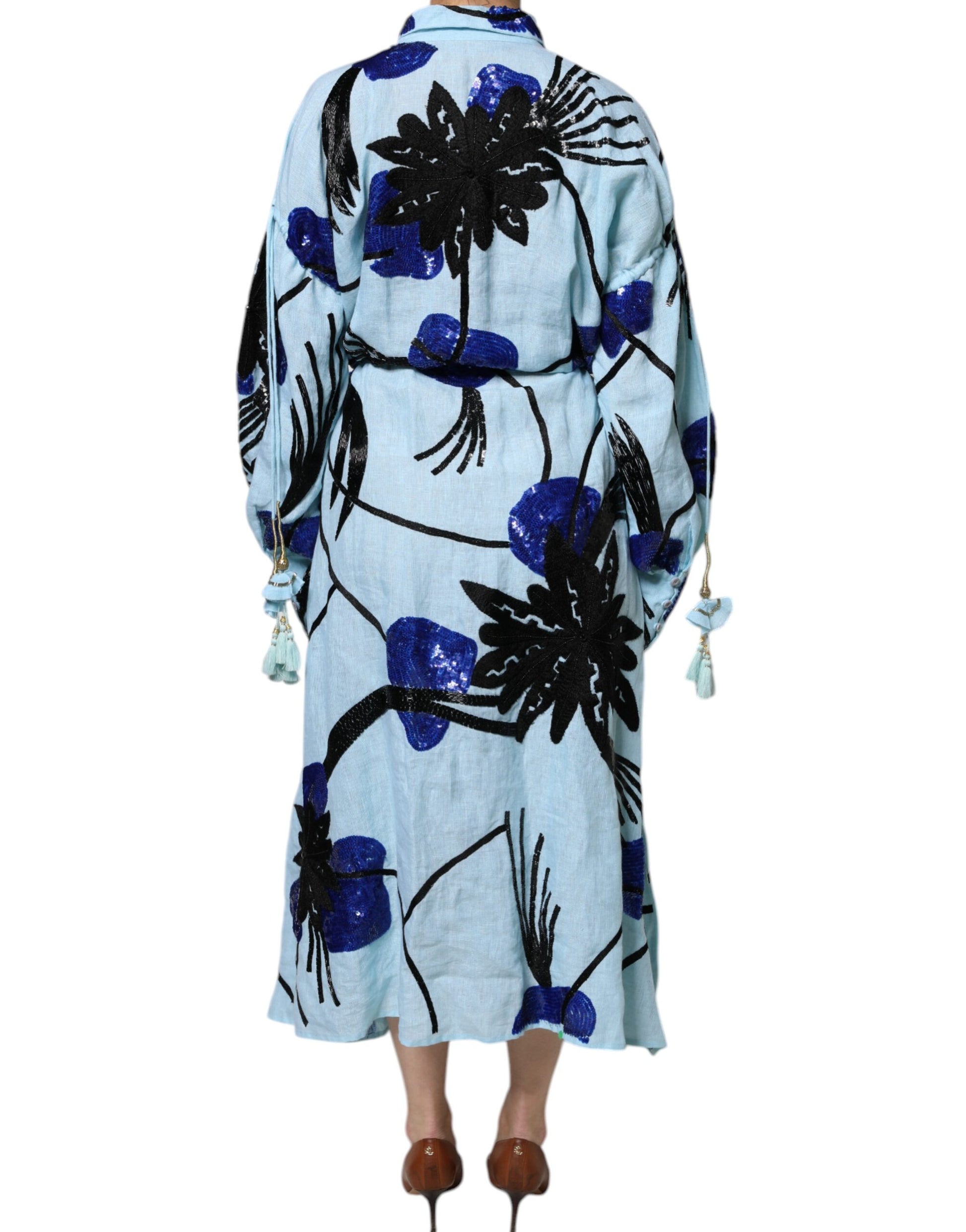 Christian Pellizzari Light Blue Floral Embellished Shirt Maxi Dress Christian Pellizzari