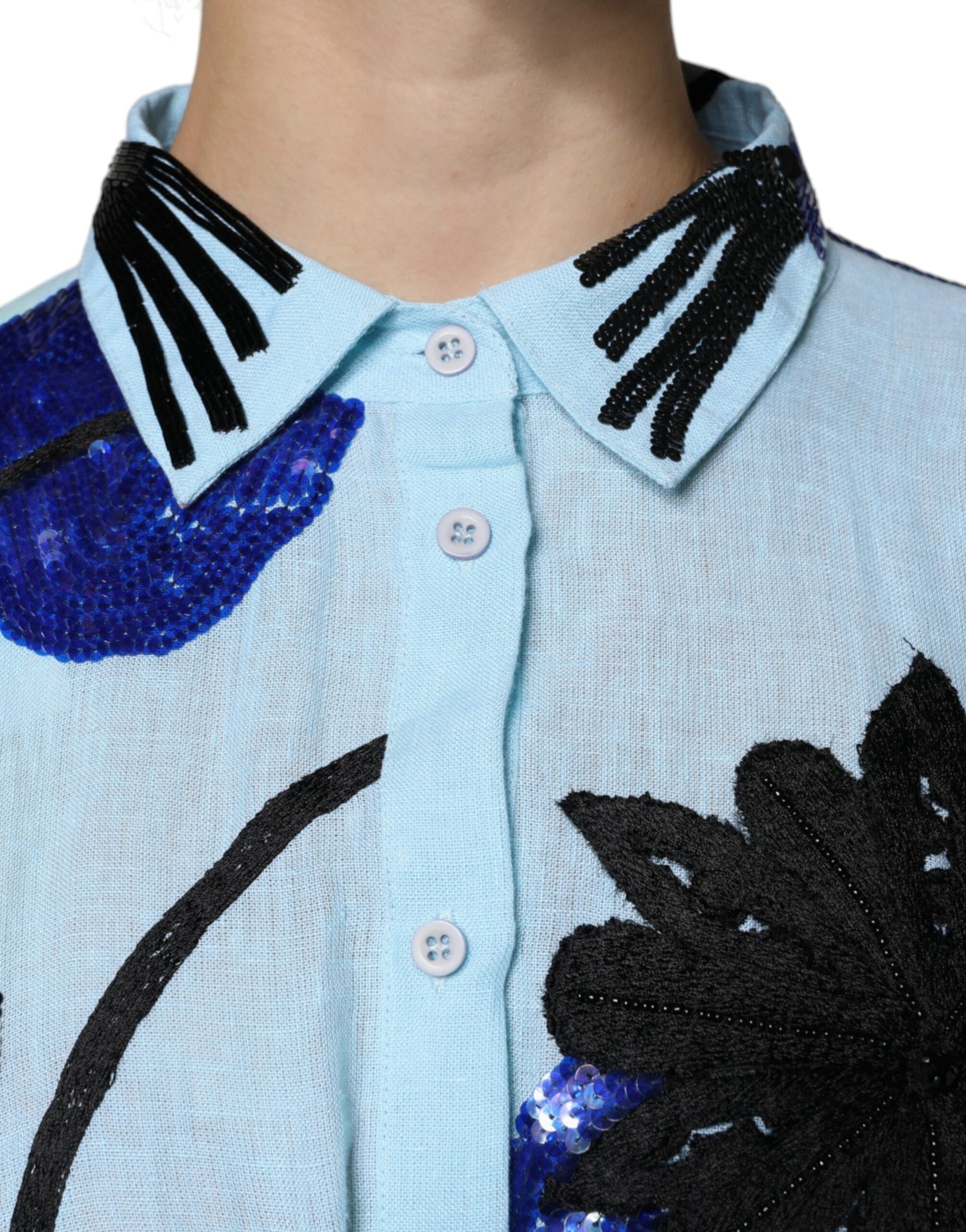 Christian Pellizzari Light Blue Floral Embellished Shirt Maxi Dress Christian Pellizzari