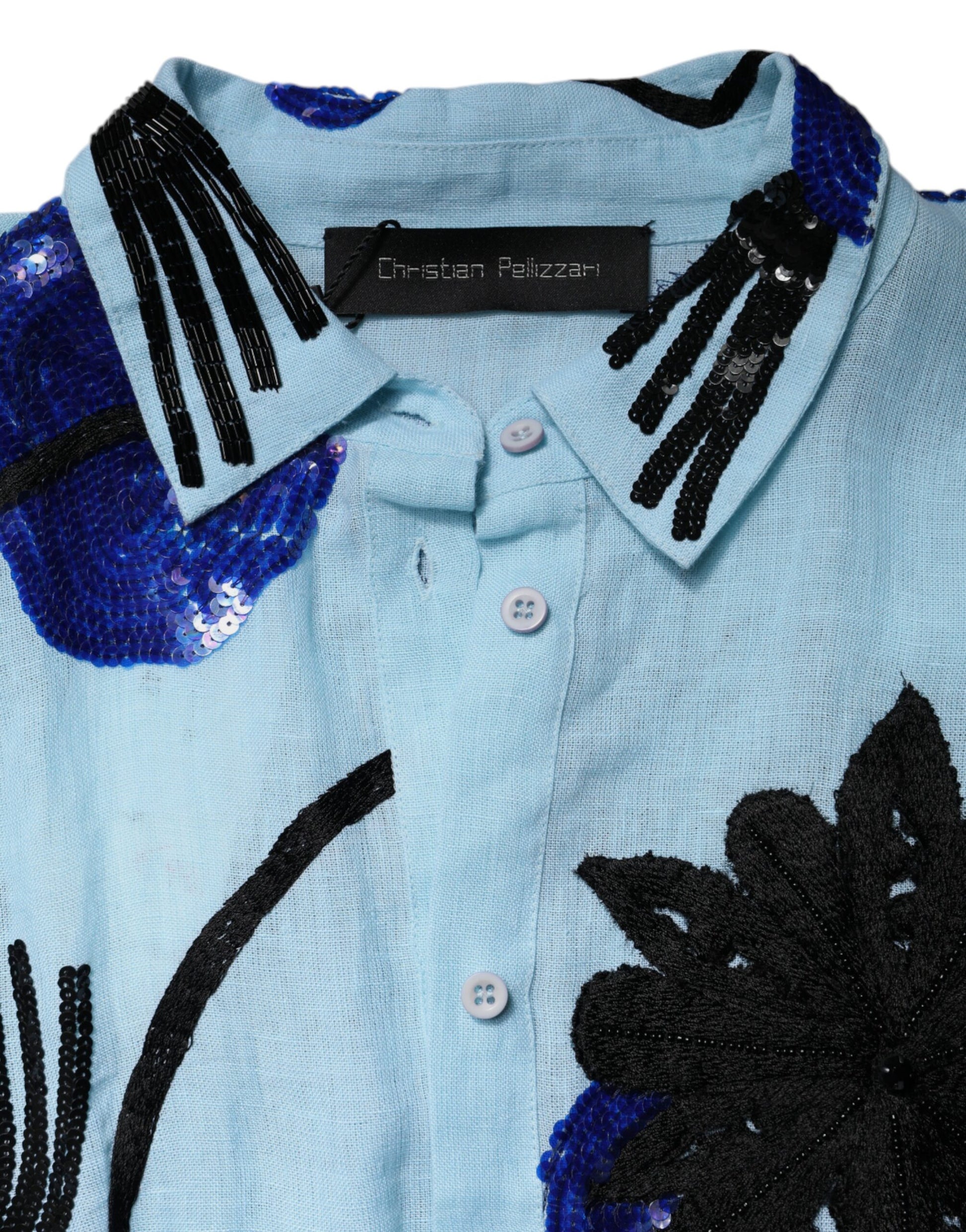 Christian Pellizzari Light Blue Floral Embellished Shirt Maxi Dress Christian Pellizzari