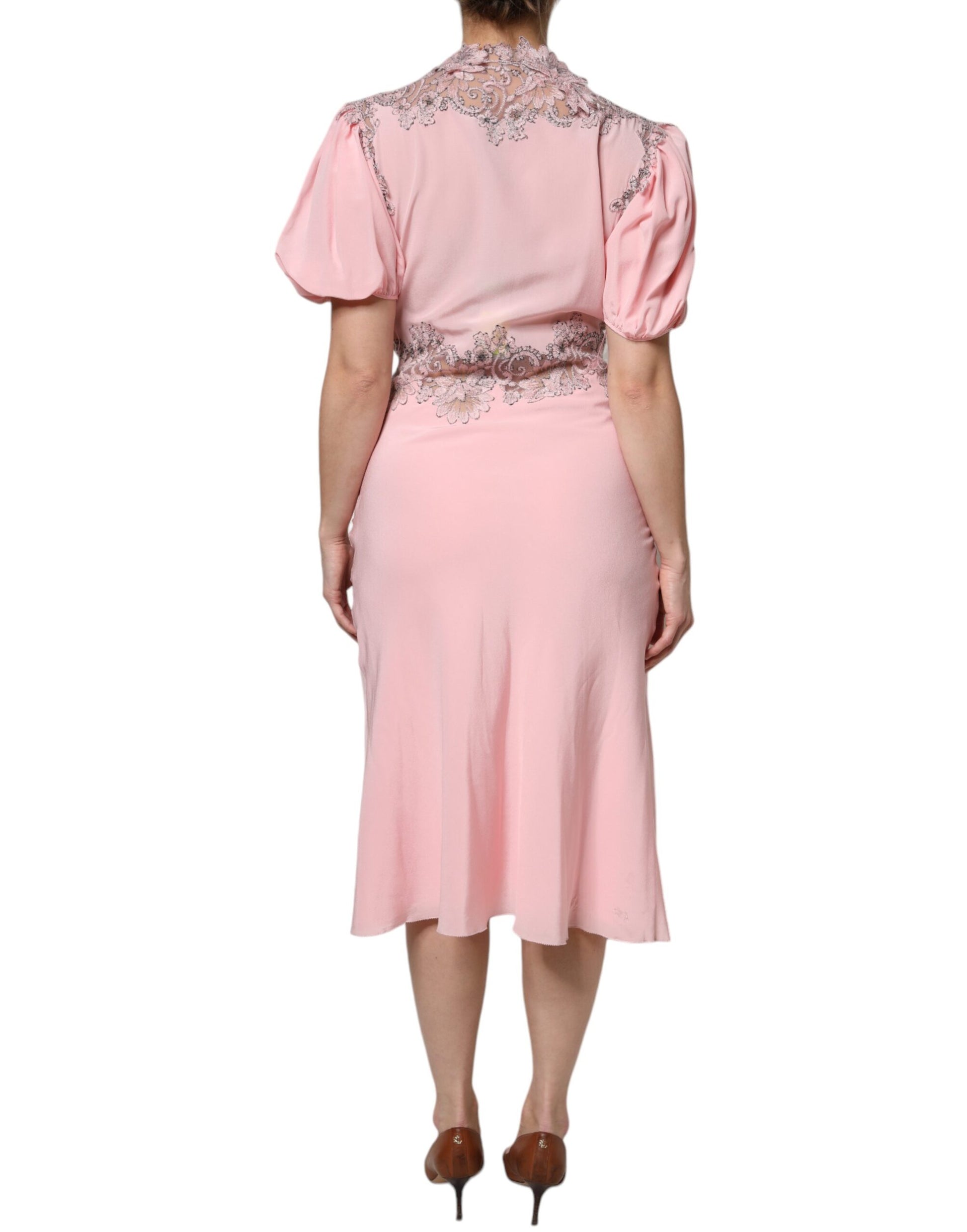 Ermanno Scervino Pink Floral Lace Short Sleeves V-neck Midi Dress Ermanno Scervino